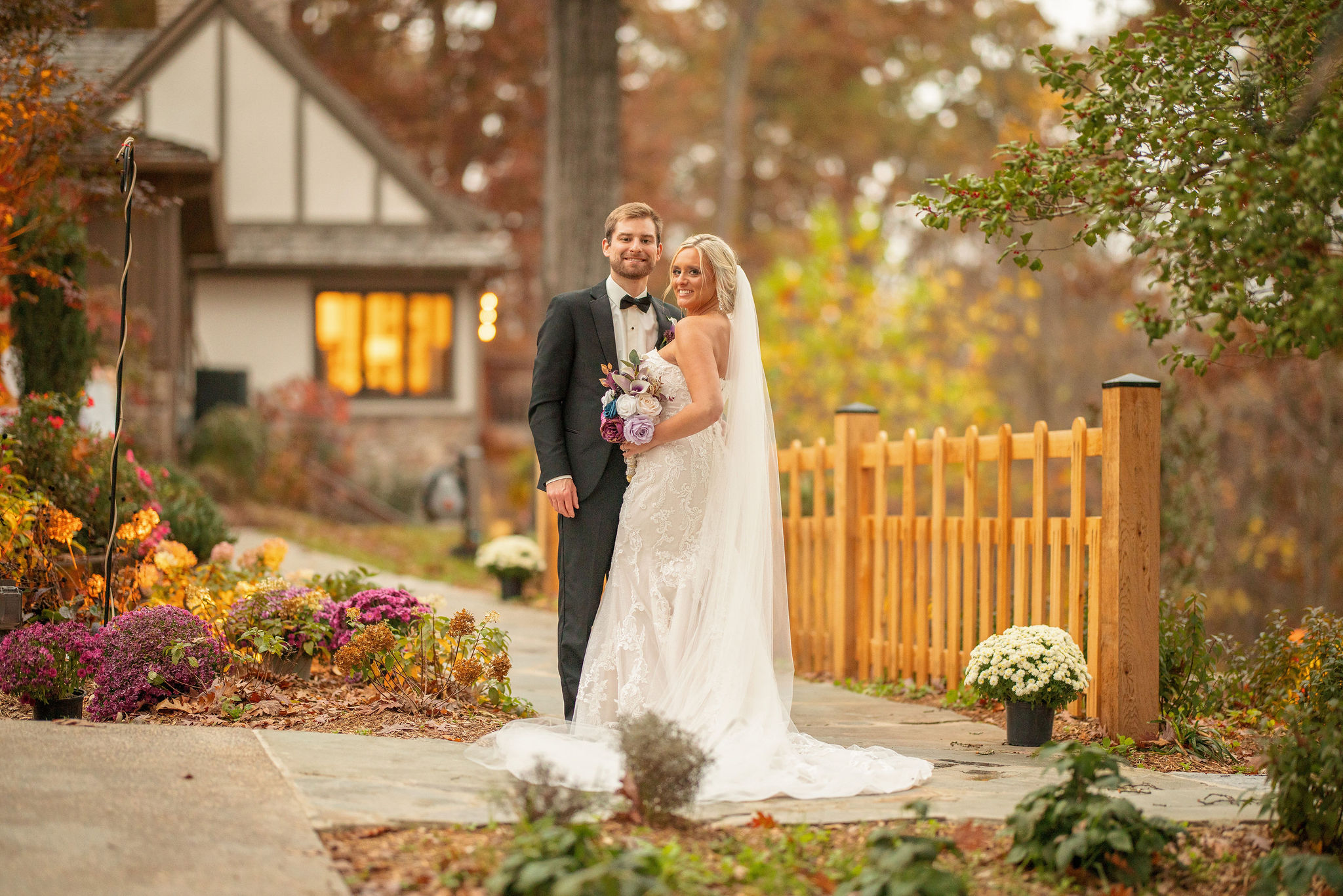 bride and groom walking outside